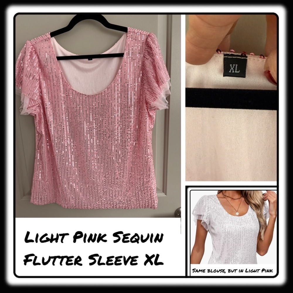 Light Pink Sequin SPARKLY Party Top XL Flutter Sleeve Scoop Neck